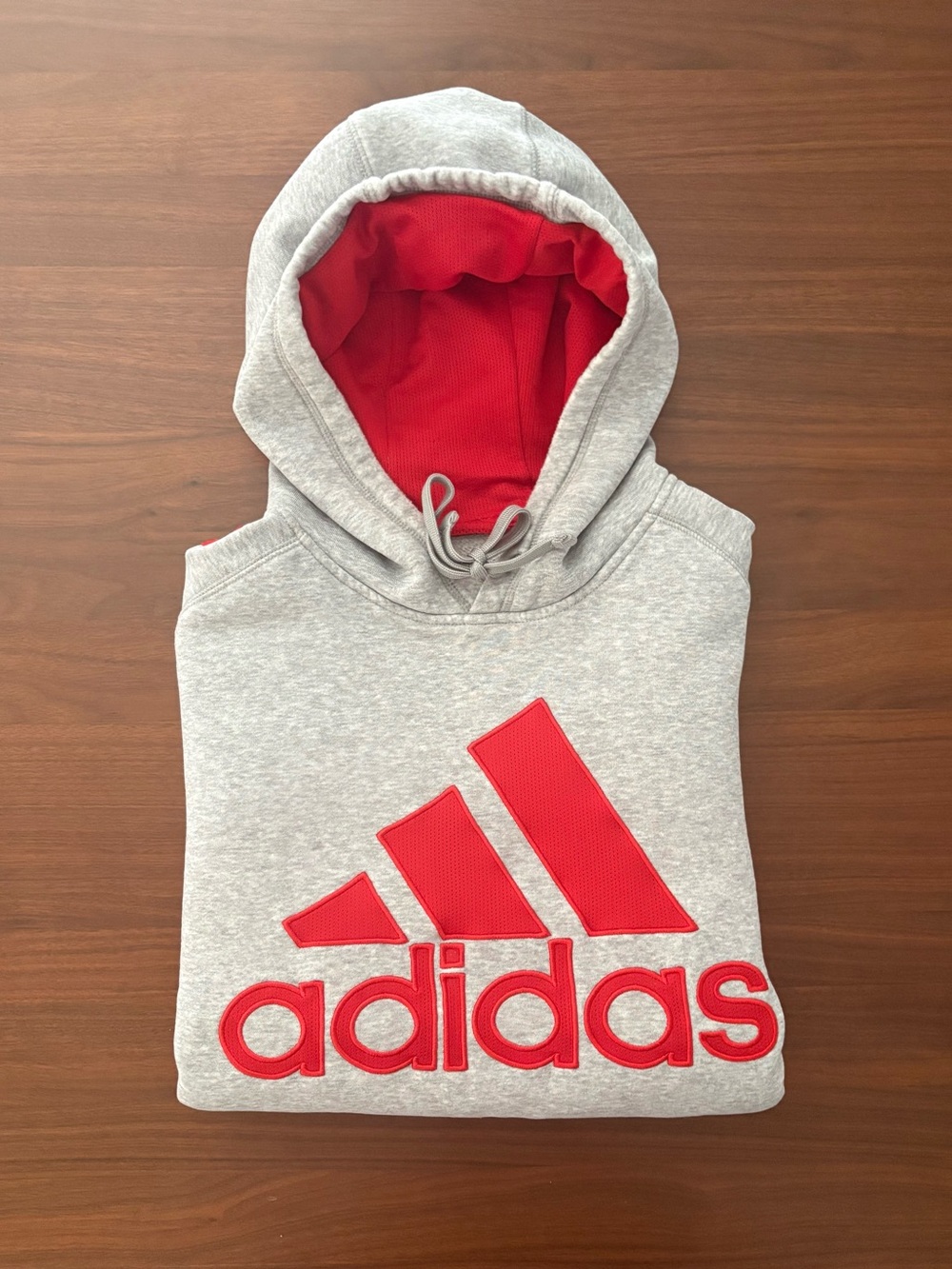 Adidas hoodie in classic grey with bright red embroidered/appliqué logo